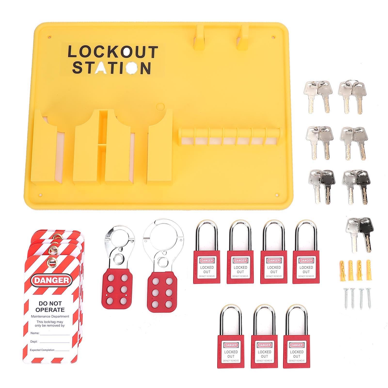 Lockout Tagout Station Kit di blocco di sicurezza industriale con 10 2 lucchetti Haspp per manutenzione meccanica e centrali elettriche, PC, giallo, 15,15 x 11,41 pollici