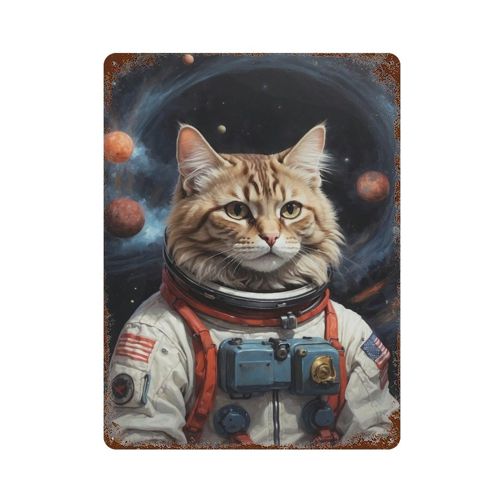 Cat Astronaut in Space Rustic Tin Plaque 15.7"x11.8", Ideal for Shed, Workshop And Garage Wall Decor