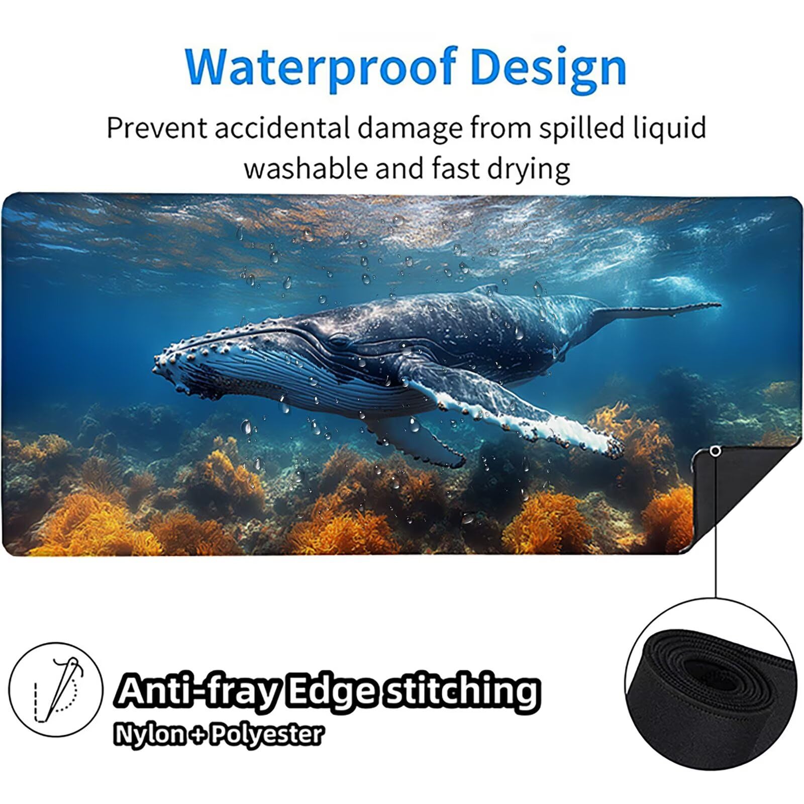 Tappetino Mouse XXL Balena, Oceano Gaming Tappetino Scrivania 1200x600x3mm, Mousepad Grande con Base in Gomma Antiscivolo, Sottomano Scrivania con Bordi Cuciti, Ufficio Accessori Gaming, per PC T-7582