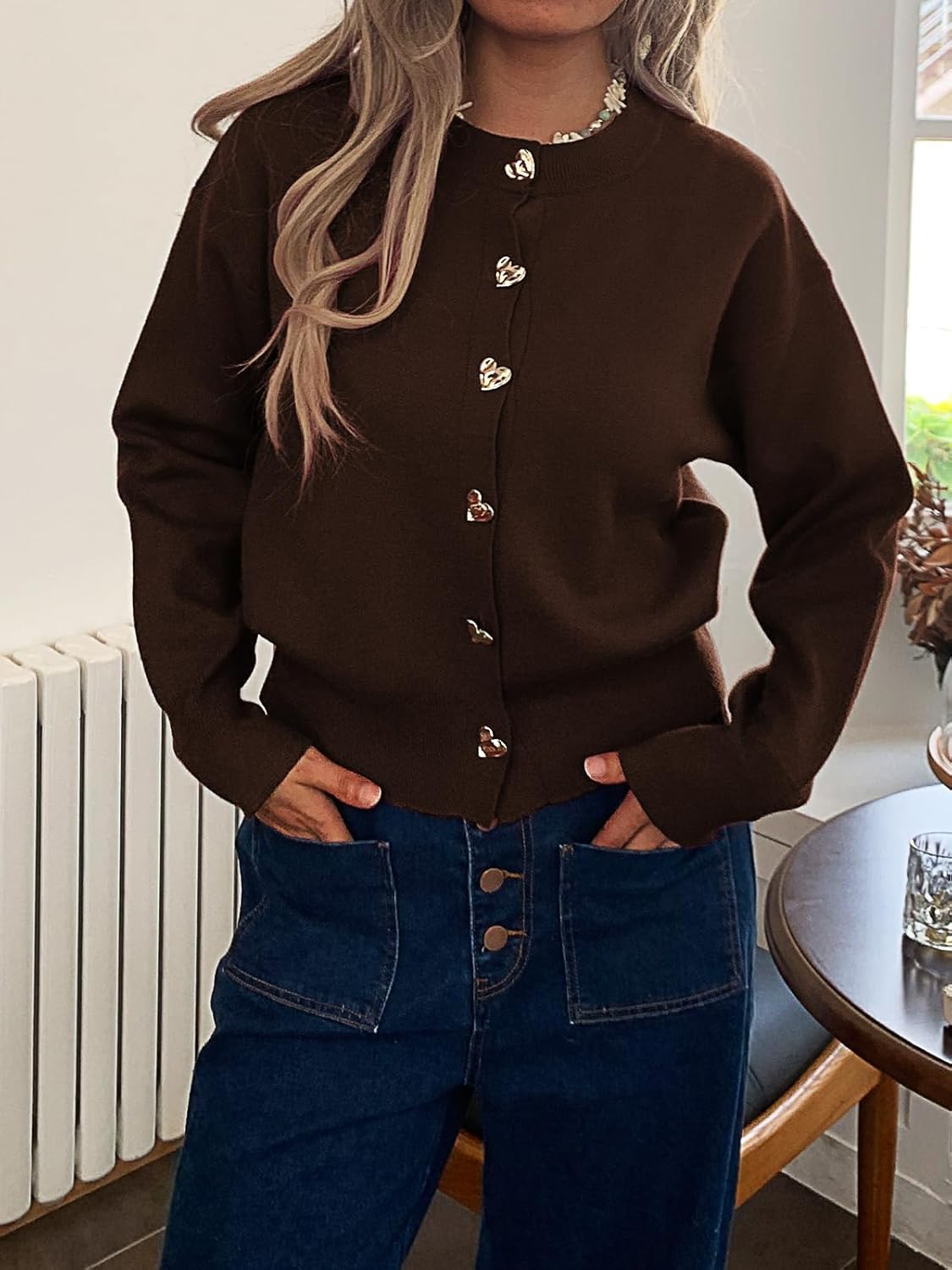 Women’s Knit Cardigan Sweater with Heart Buttons, Casual Button Down Knitwear Long Sleeve Cropped Cardigan for Fall Winter - Image 5