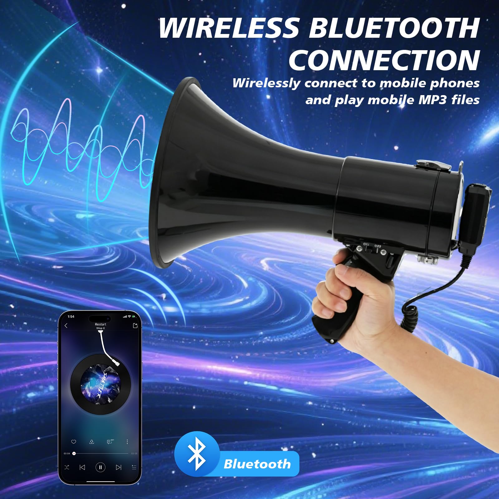 Megáfono con Bluetooth y Sirena, Alcance de 2000m, Megáfono Portátil con Micrófono Desmontable, Altavoz Recargable con Sirena para Eventos al Aire Libre, Control de Multitudes, Deporte