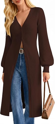 GRACE KARIN Long Cardigans for Women Duster Sweater Coat Fall Outfits 2026 | Lightweight Knit Button Down Dusters for Women,Dressy V Neck,Lantern Long Sleeve,Ribbed Knit Coatigan,Maxi Sweater Dress