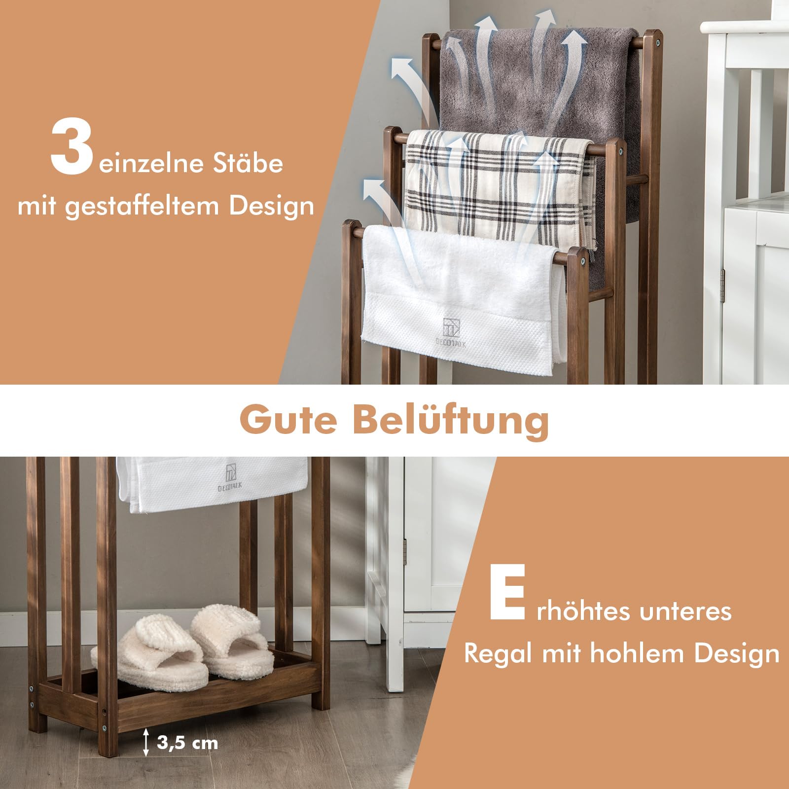 GOPLUS Handtuchhalter aus Holz, Handtuchständer freistehend mit 3 Handtuchstangen & Ablagefach, Duschtuchhalter Badetuchhalter für Badezimmer, Hotels (Braun)