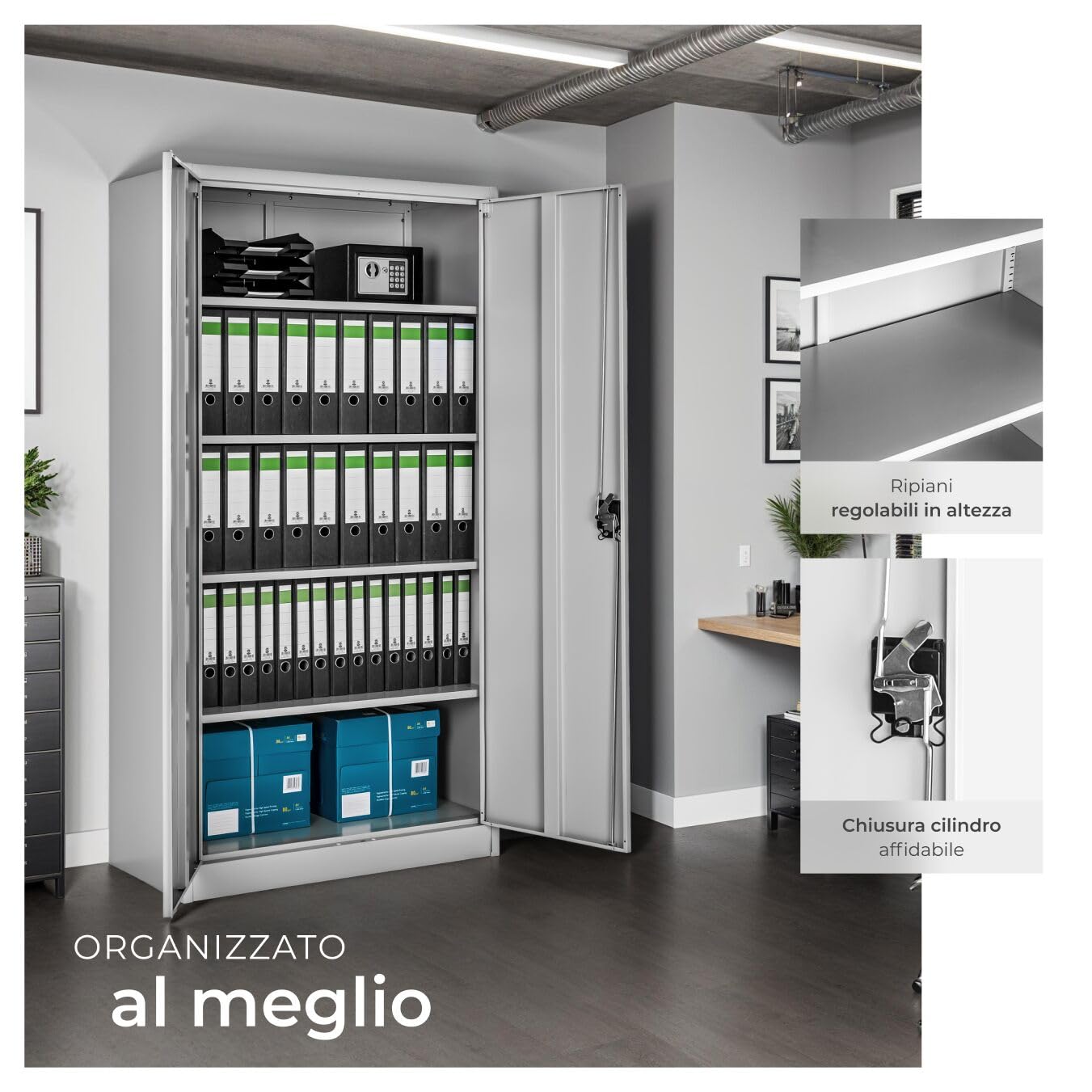 tectake® Armadio Porte Battenti, 180x90x40 cm, con 2 Ante e 5 Ripiani, Mobile con Serratura Chiave, Armadietto Portadocumenti e Faldoni per Ufficio in Metallo, Mobili Ufficio, Archivio - Grigio