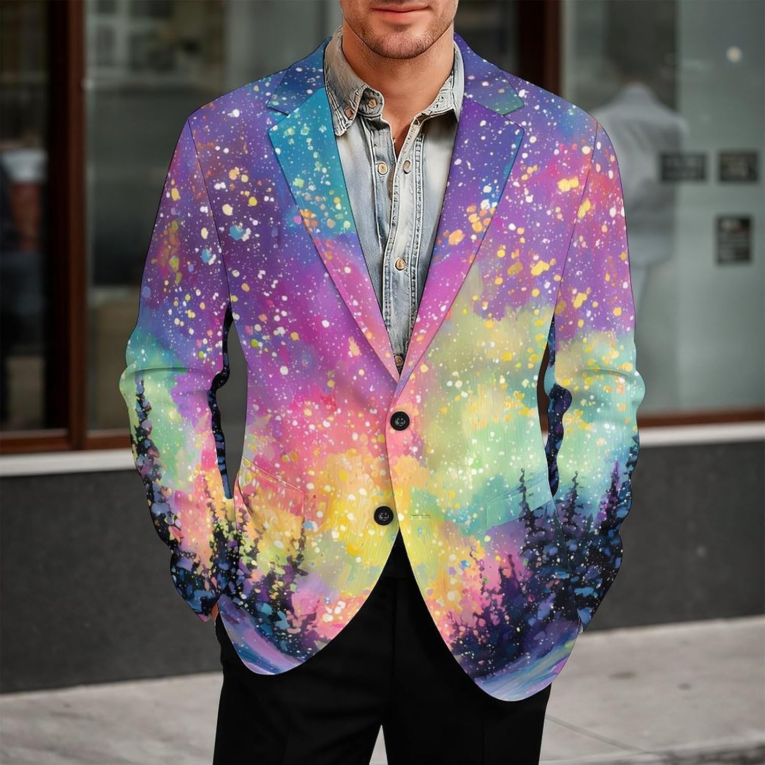 Colorful Auroras Borealis Snowy Mens Blazer Jacket Business Casual Suit Sport Coats Wedding Party Tuxedo