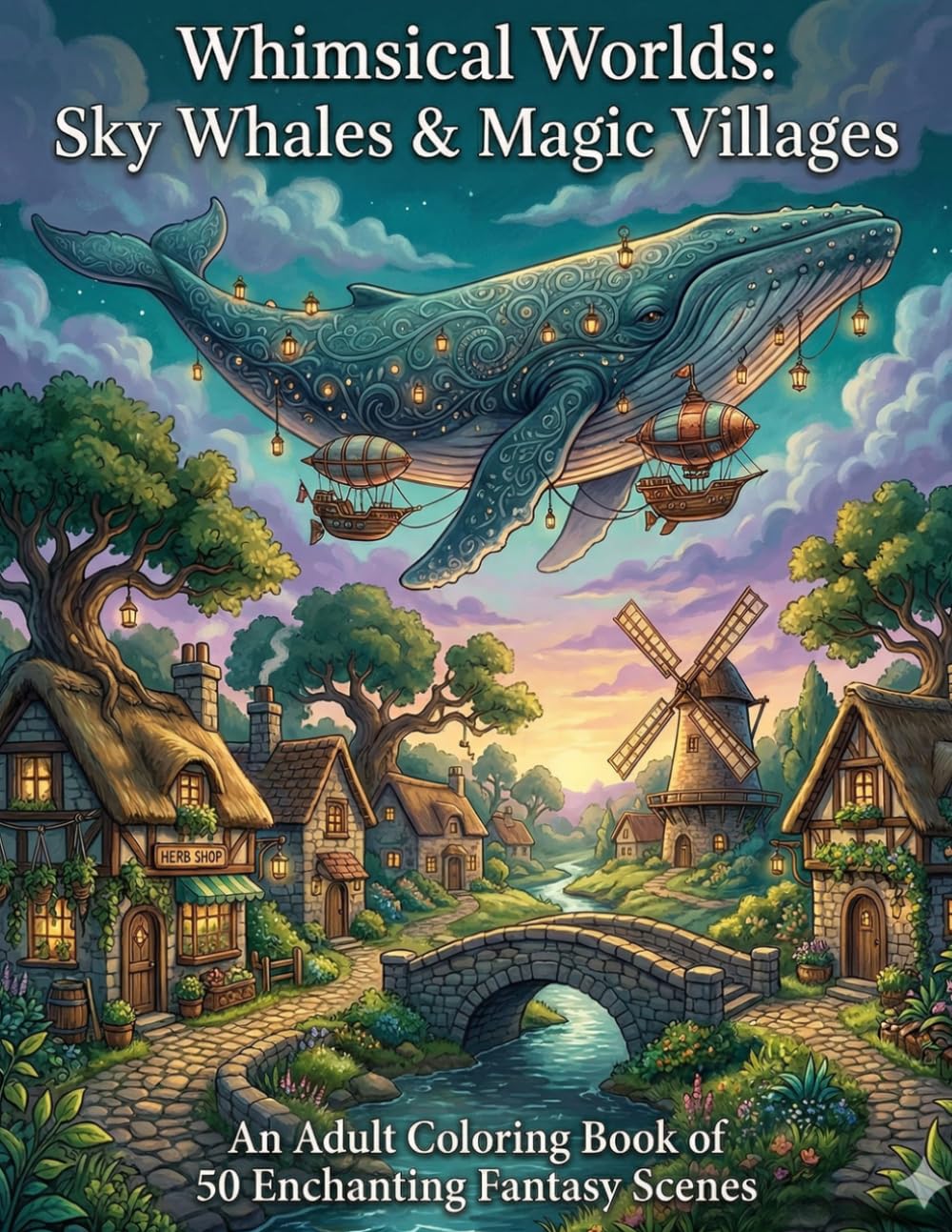 Whimsical Worlds: Sky Whales & Magic Villages: An Adult Coloring Book of 50 Enchanting Fantasy Scenes