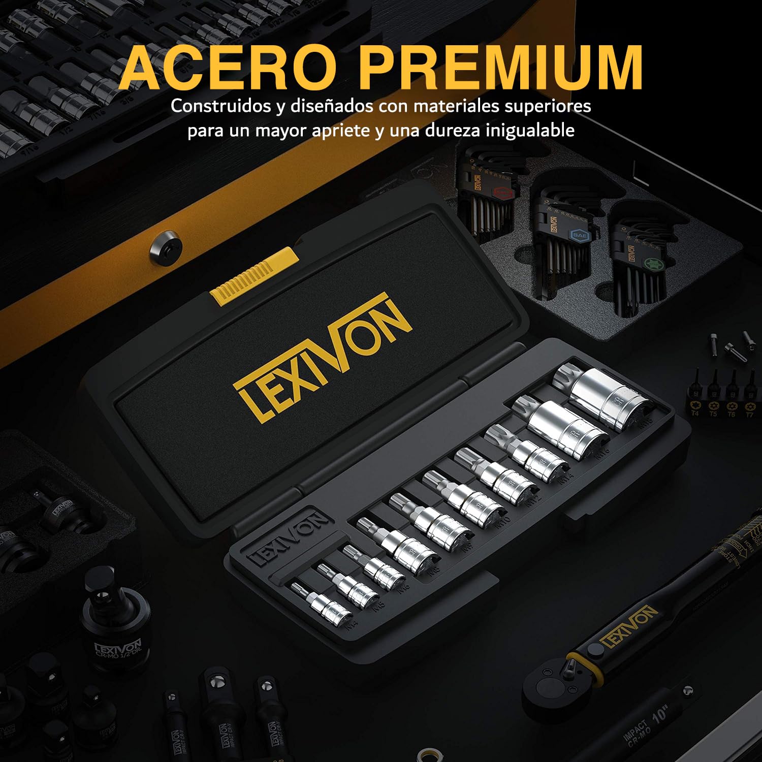 LEXIVON Juego de casquillos de punta estriada cuadrada triple XZN, acero aleado S2 Premium | Juego de 10 piezas estilo europeo M4 - M18 | Estuche de almacenamiento mejorado [LX-145]