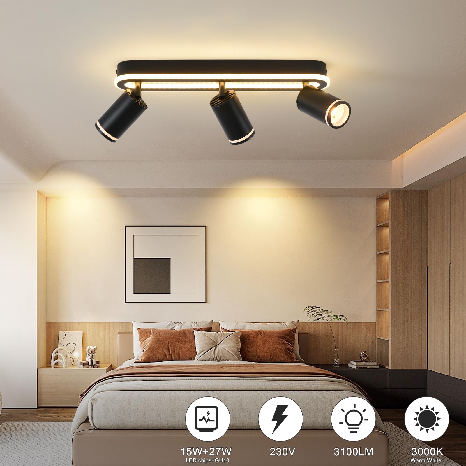 SANSHI Faretti da Soffitto Orientabili Interno LED 3 Luce,Faretti da Parete con Inferiore 27W+3x5W,GU10 Lampadario Faretti,Moderna Plafoniera Faretti Bianco Caldo 3000K per Cameretta Cucina Barra,Nero