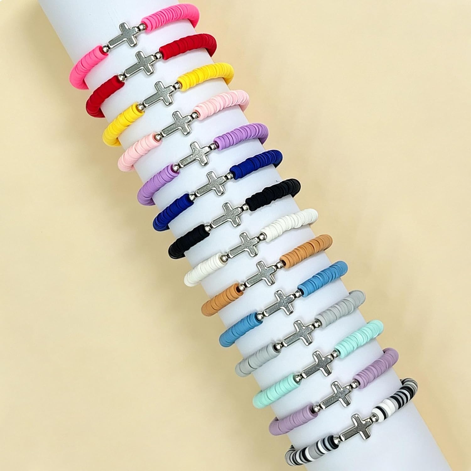 30 Pcs Cross Bracelets Bulk – Christian Bracelet Gifts Bulk for Women Kids, Handmade Elastic Polymer Clay Beaded Jesus Bracelets, Religious Wristbands for Easter VBS Sunday School