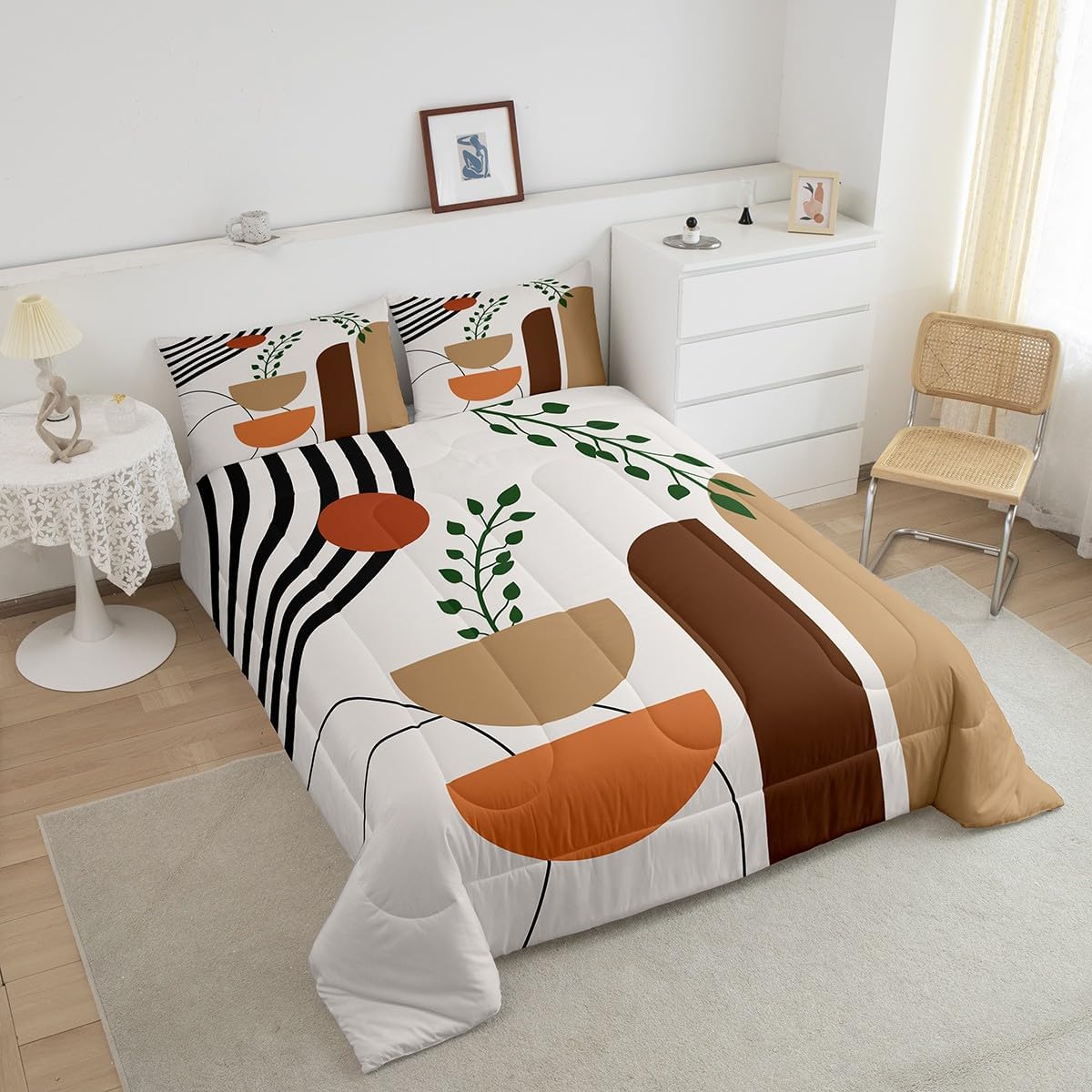 Bohemian Comforter Set Full Size,Plant Leaves Abstract Art Boho Kids Bedding Set,Botanical Geometric Line Quilt Comforter,Orange Yellow Duvet Insert,2 Pillowcases