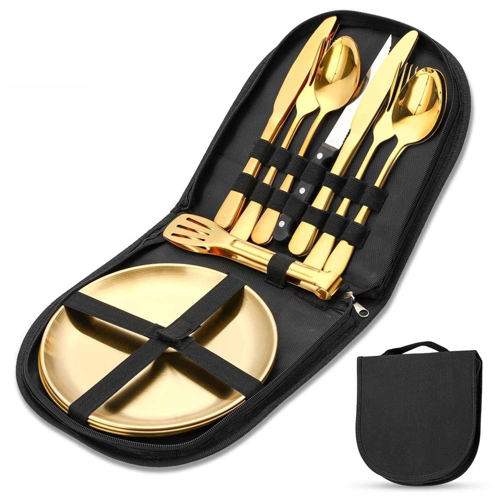 Juego de Cubiertos portátiles de Acero Inoxidable for Viajes, Camping y picnics al Aire Libre: Incluye Tenedor, Cuchara, Cuchillo y Plato.(Gold,18pcs)