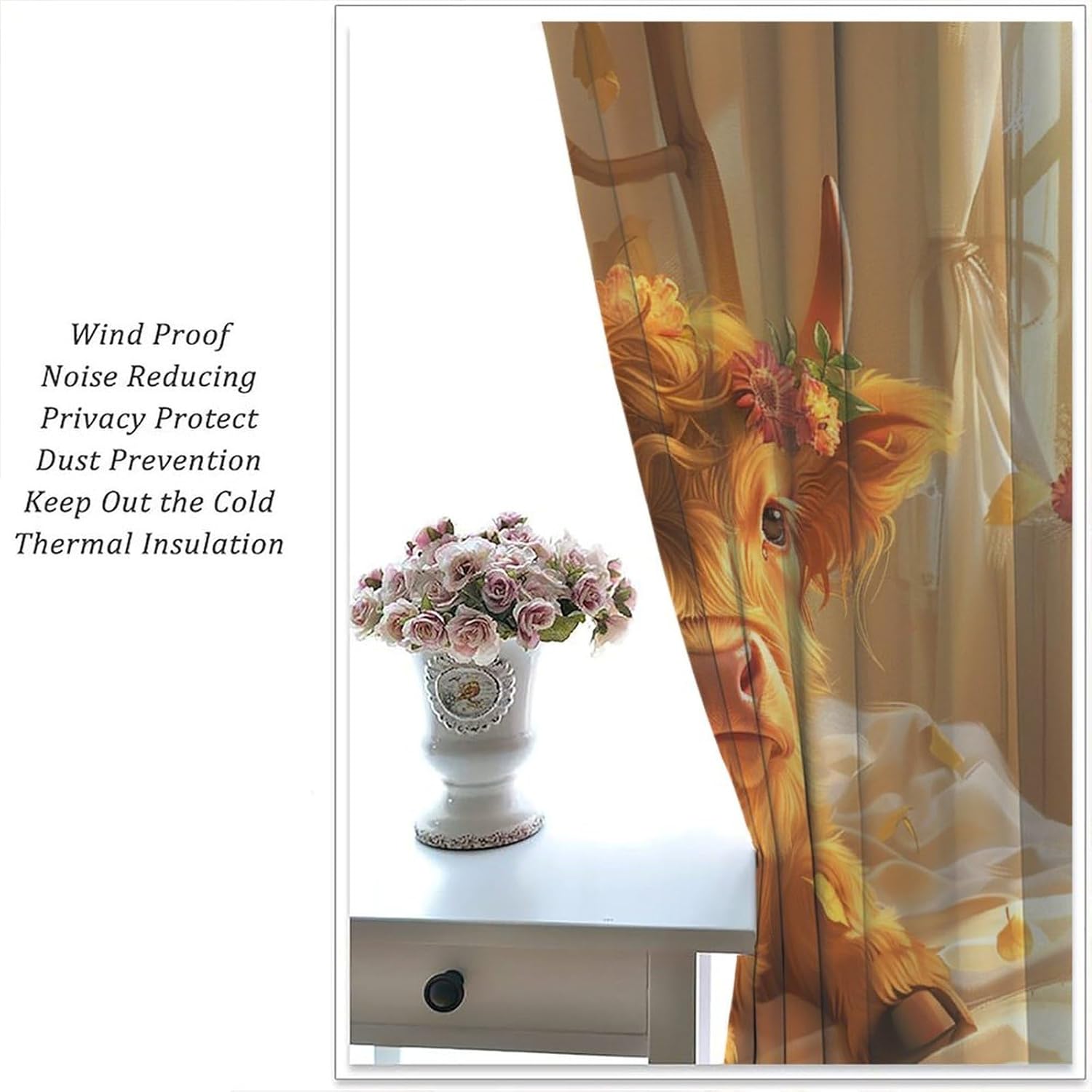 Highland Cow Cute Blackout Curtains, Sunny Animal Floral Curtains Rod Pocket Thermal Insulated Window Drapes for Bedroom/Living Room, 21W x 45L, 2 Panels