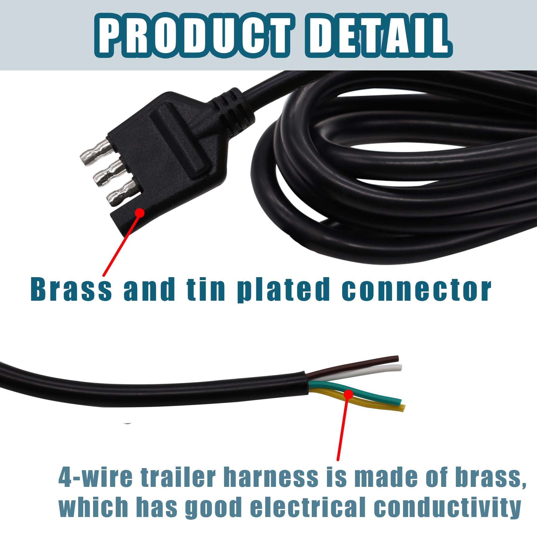 4-Way Trailer Wiring Harness 5Ft(1.5m) 4-Pin Flat Trailer Wire Extension Connector P-O-066-1.5