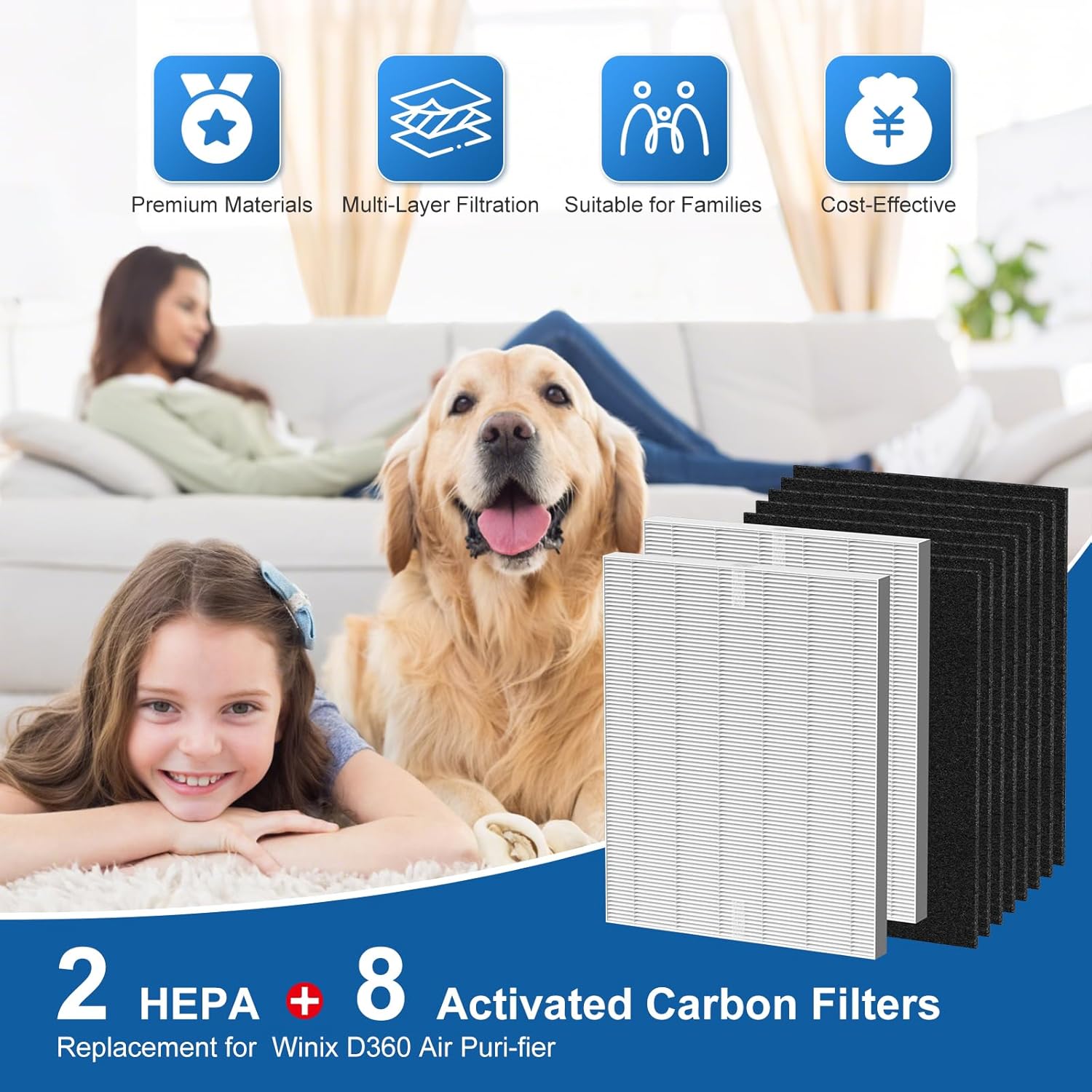 D360 Replacement Filter D3 Compatible with Winix D360 Air Puri-fier, 2 H13 True HEPA Filters + 8 Activated Carbon Pre-filters, Part Number 1712-0101-02 - Image 6