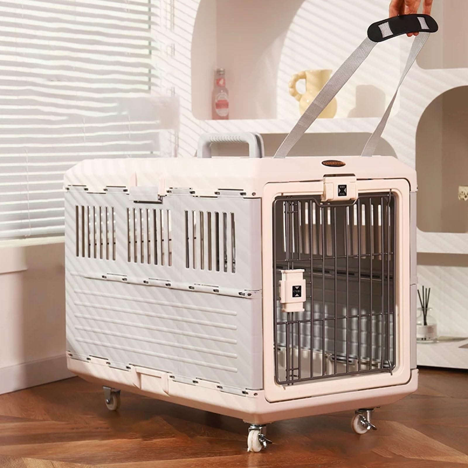 Gabbia per cani pieghevole con design di ventilazione, realizzata in materiale PP, include tracolla, ruote e maniglia per cani e gatti di piccola taglia