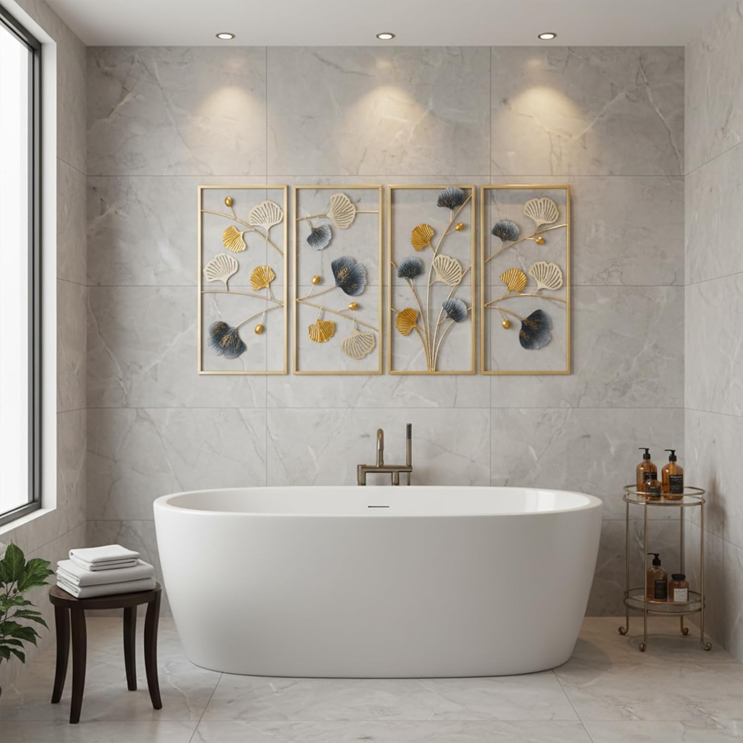 Ginkgo Leaf Metal Wall Art - Set of 4 Framed Wall Decor for Living Room, Hanging Wall Sculptures for Home, Dinning Room or Bedroom Above Bed, 8x16 Inch