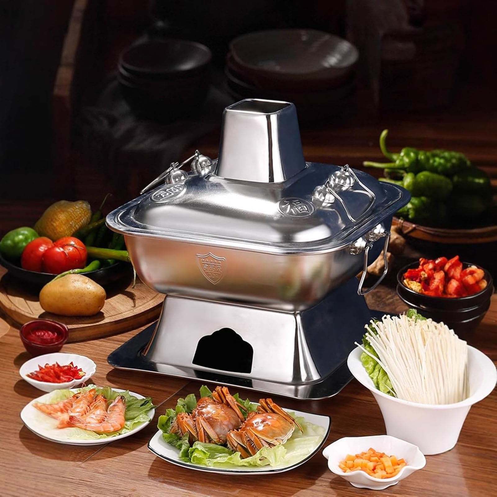 Gorący kociołek węglowy miedziany, Shabu Hot Pot z pokrywką, Stary pekiński garnek do gotowania,Silver,34cm/13.4in