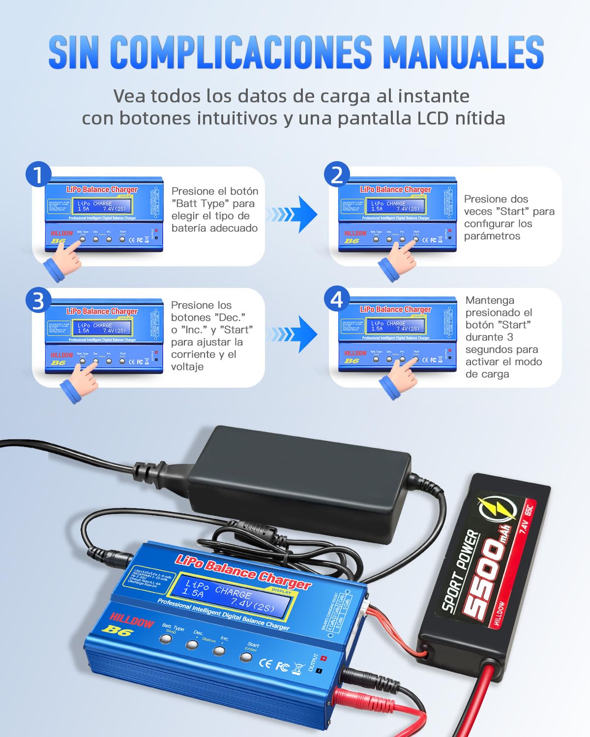 Lipo Cargador de batería B6 LCD Digital 11-18V con Adaptador para Plomo-ácido NI-CD/NI-MH 1-6S LI-PO RC Hobby