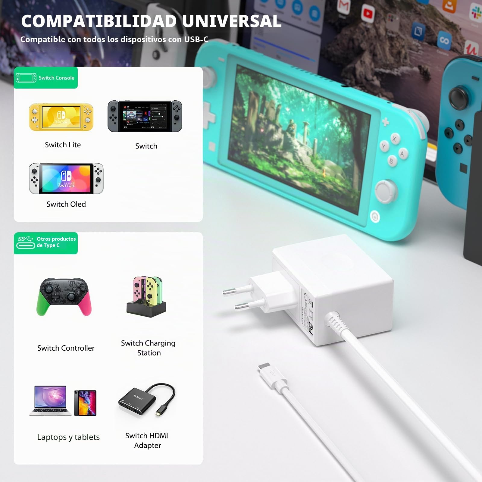 Cargador para Nintendo Switch Console Adaptador de Corriente para Nintendo Switch/Switch OLED/Lite, Modo TV 15 V/2,6 A de Carga rápida con Cable de 1,5 m/5 ft (Blanco)