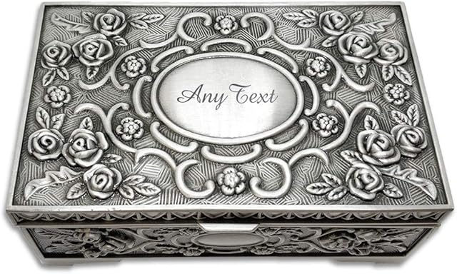 EDSG Personalised Mothers Day Jewellery Box for Women Engraved Trinket Box for Girls Vintage Silver Jewelry Case Wedding Birthday Anniversary Christmas (Any Text)