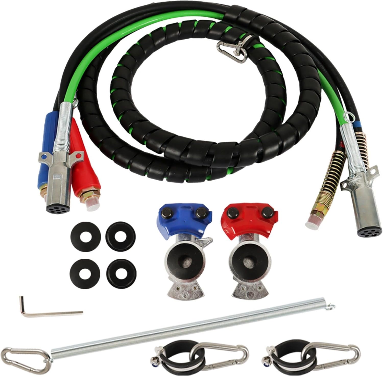 12FT 3 in 1 ABS & Power Airlines Hose Wrap Kit 7 Way Electrical Cable Replacement for Semi Truck Tractor Trailer with 2X Glad Hands, 1 Tender Spring, 2 Air Line Clamp, 4X Rubber Seals