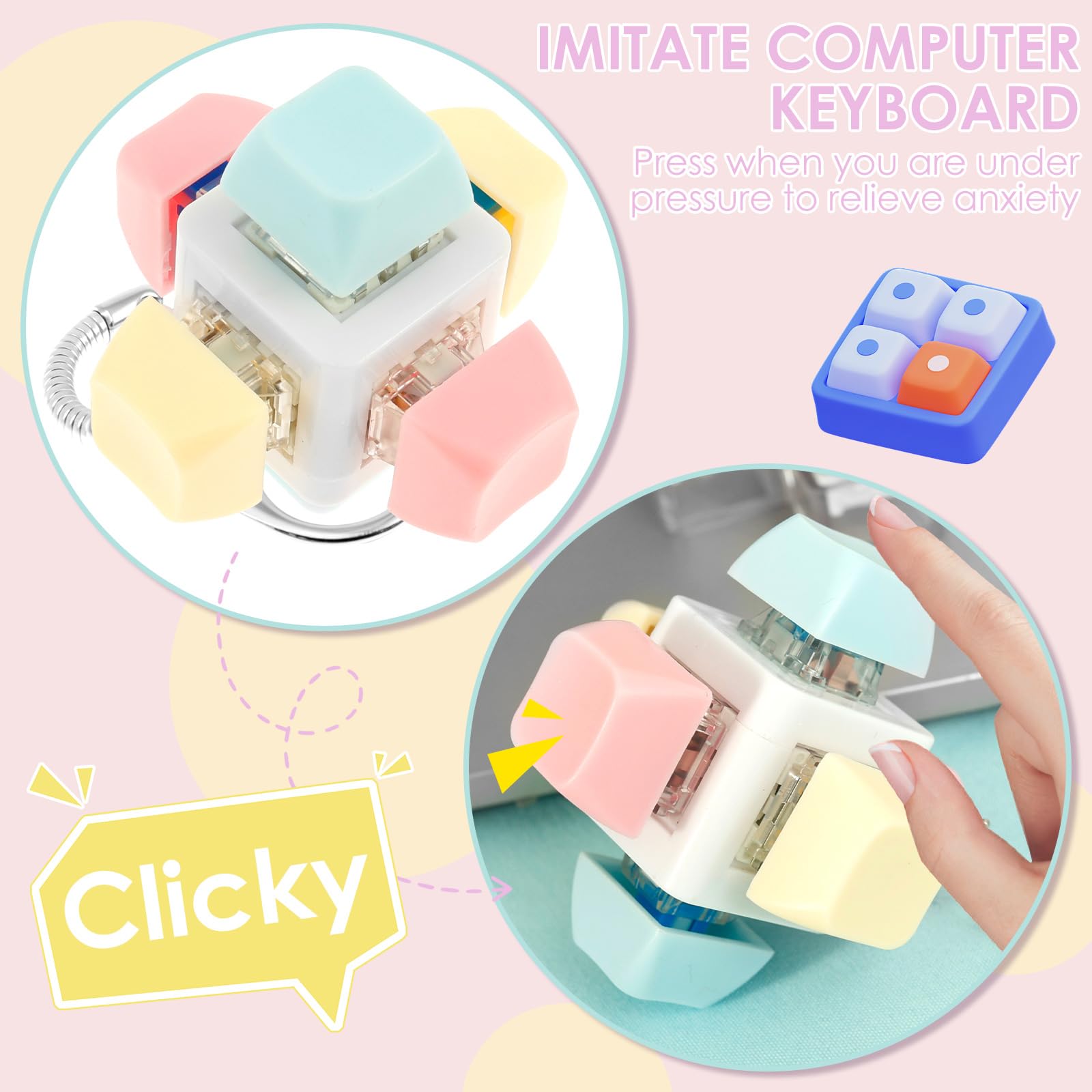 5Pcs Keyboard Toy, Keyboard Clicker Toy, Portable Mechanical Keychain Toy for Stress Relief and Fun, Funny Cube Key Button Gift for Adults - 3