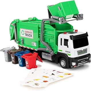 Garbage Truck Toys for Kids, Pull Back Plastic Green Car with Sounds and Lights, Educational Trash Truck Toy Vehicle with 4 Garbage Bins and Learning Cards for Kids