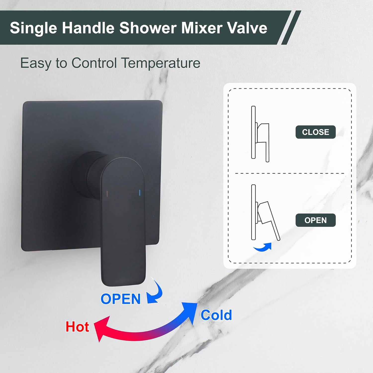 Bathroom Shower Handle Valve Wall Mounted Shower Mixer Valves Male Thread Bathroom Trim Kit Single Function Square Shower Valve, Matte Black