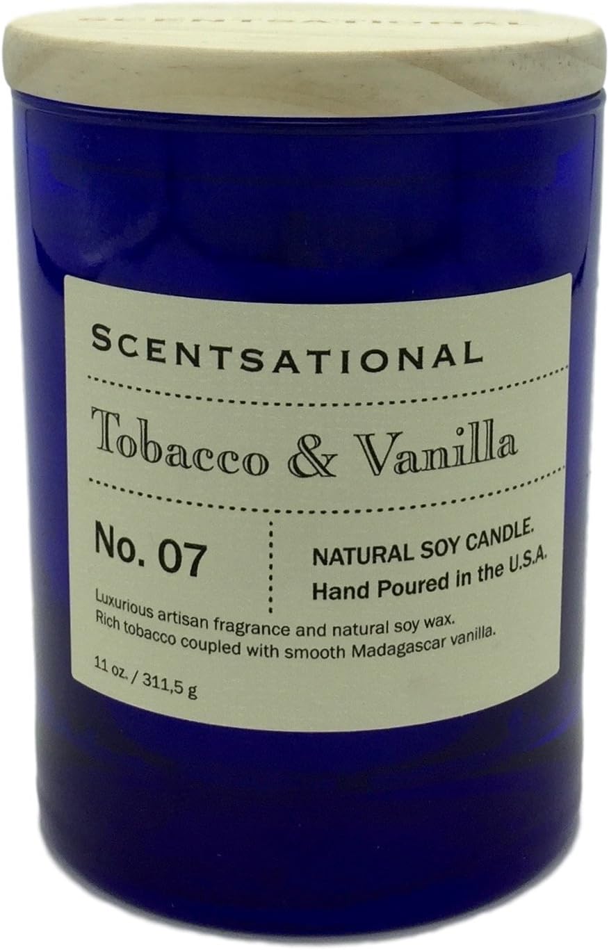 ScentsationalTobacco and Vanilla Natural Soy Candle - Single Lead-Free Wick - Earthy Sweet Smell - Hand Poured in Blue Jar with Wooden Lid - 11 oz