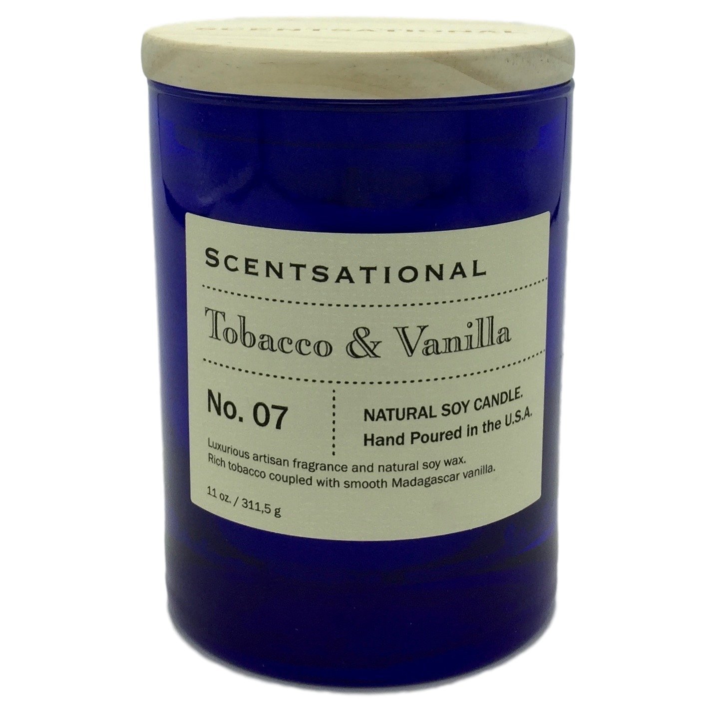 ScentsationalTobacco and Vanilla Natural Soy Candle - Single Lead-Free Wick - Earthy Sweet Smell - Hand Poured in Blue Jar with Wooden Lid - 11 oz