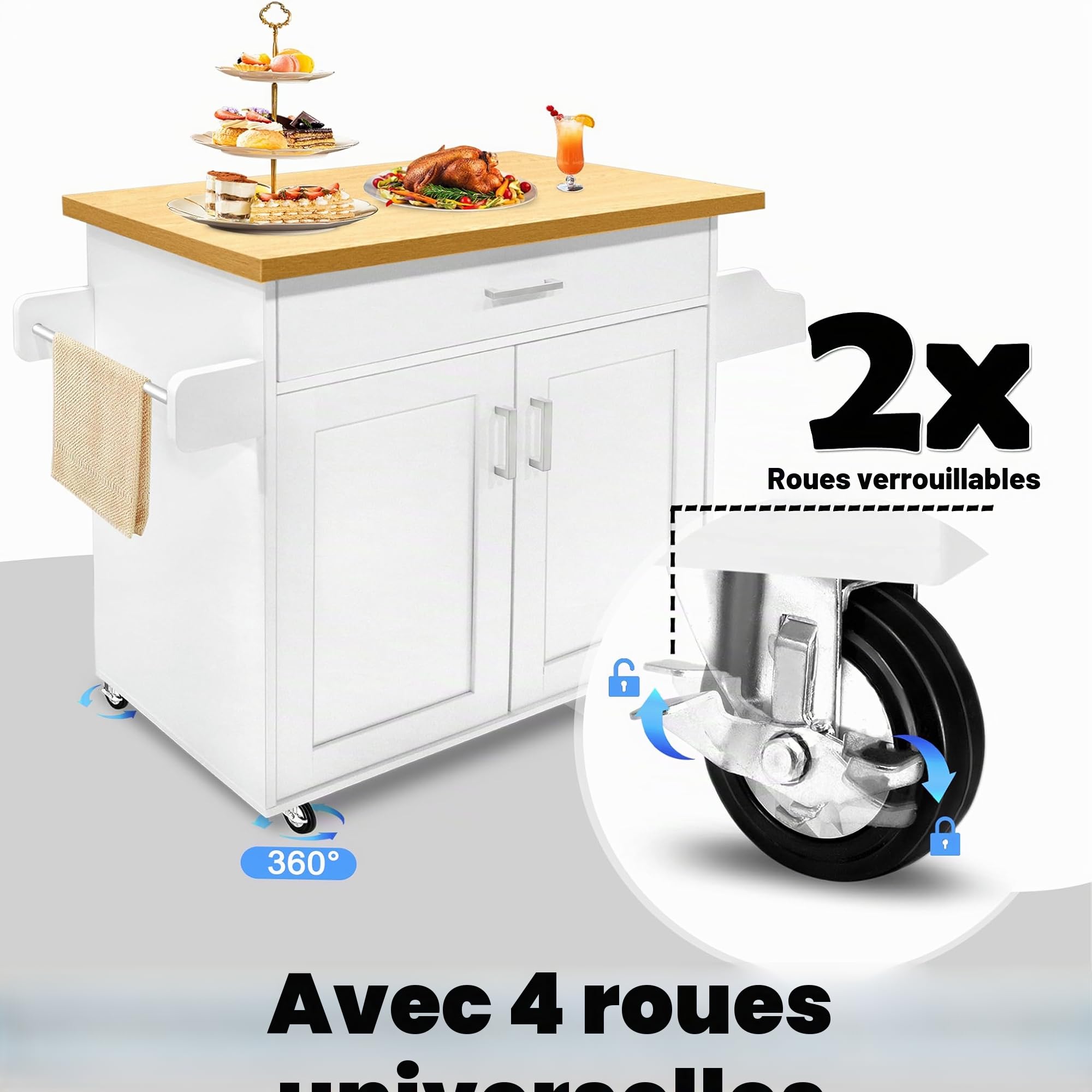 YRHome Îlot de Cuisine à Roulettes | Chariot de Cuisine Mobile en Bois | Table Roulante Multi-rangements | Armoire de Cuisine avec Plan de Travail, Placard, Porte-Serviettes, Support à Épices