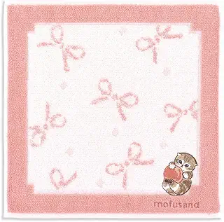 モフサンド（Mofusand） フルーツにゃん タオルハンカチ ピンク 43-0280080 約25×25cm にゃんこ 可愛いリボン 無撚糸 ふわふわ