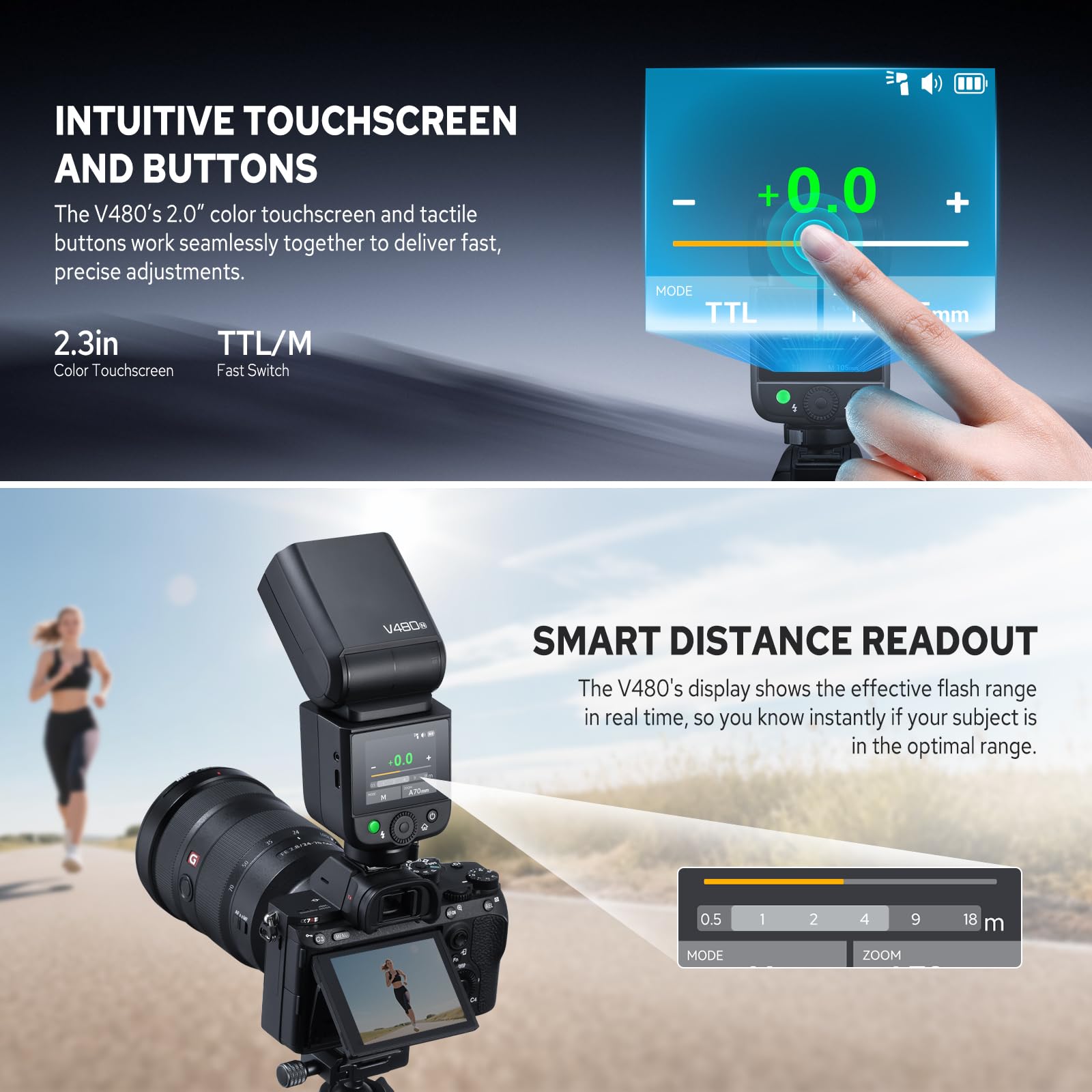 Godox V480-N Flash TTL pour Appareil Photo Nikon, GN50 Speedlite Tactile Écran Flash de Nikon, HSS 1/8000s USB-C Charge Support 650 Fois Flashs avec Modeling Lampe