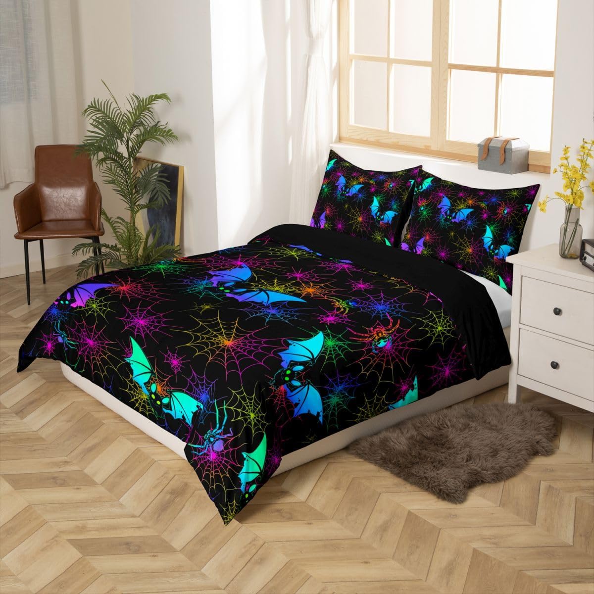 Feelyou Halloween Kids Bedding Set King Size Bat Spider Web Duvet Cover for Boys Girls Teens Bedroom Bats Decor Comforter Cover Set Women Men Colorful Bedspread Cover with 2 Pillow Case