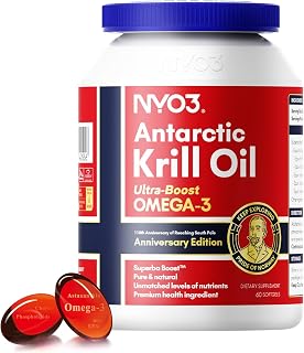 NYO3 Krill Oil Omega 3 Supplement 1000mg 60 Softgels EPA & DHA, Pure Antarctic Krill Oil with Astaxanthin and 56% Phospholipids Third Party Tested