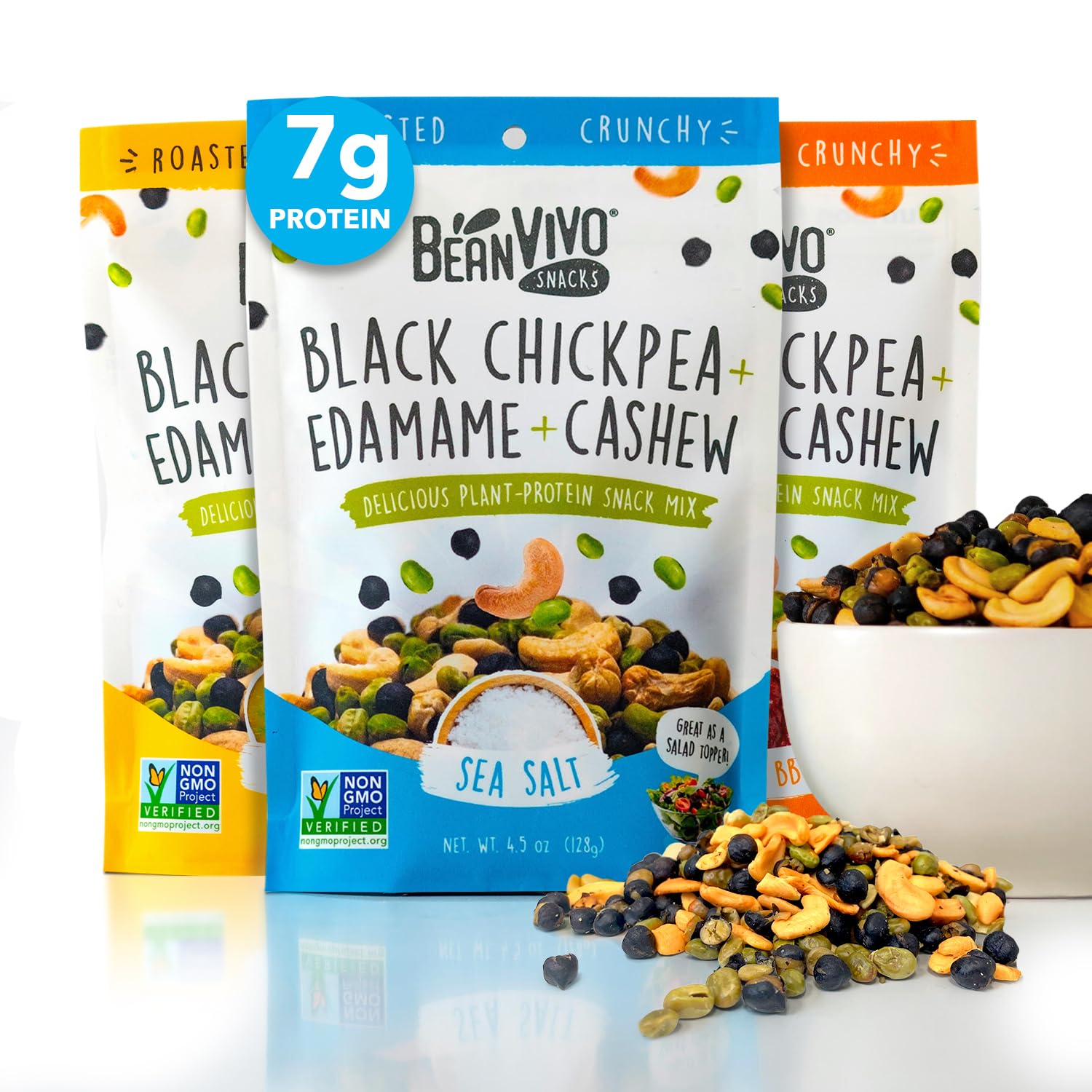 BeanVIVO Healthy Snacks for Adults & Kids with 7g Protein & 5g Fiber per Serving with Dried Edamame, Roasted Cashew and Chickpeas - Vegan & Gluten Free - Keto Friendly & Non-GMO - 3-Pack (4.5 oz Each Pouch)