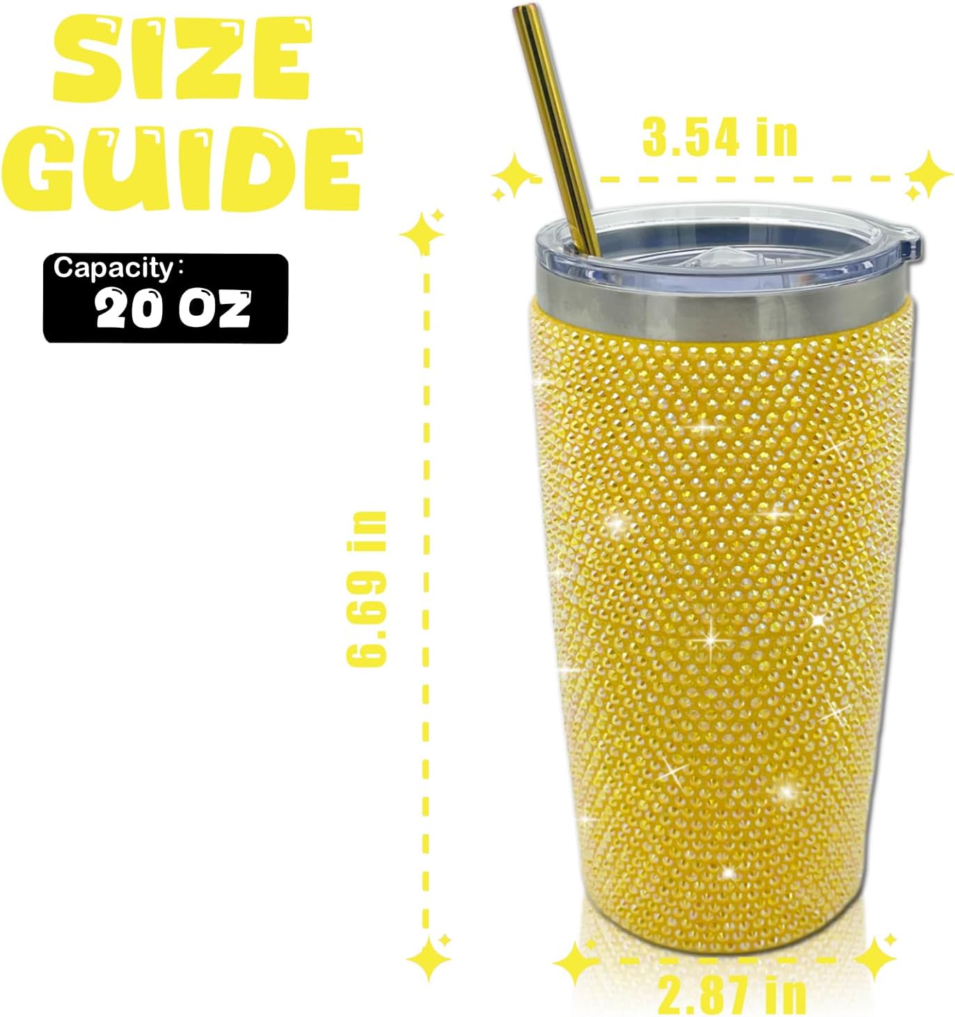 Bling Rhinestone Tumbler 20oz Stainless Steel Studded Glitter Thermal Cup with Leak proof Lid and Straws Double Wall Vacuum Insulated Portable Travel Coffee Mug (Yellow) - Image 3