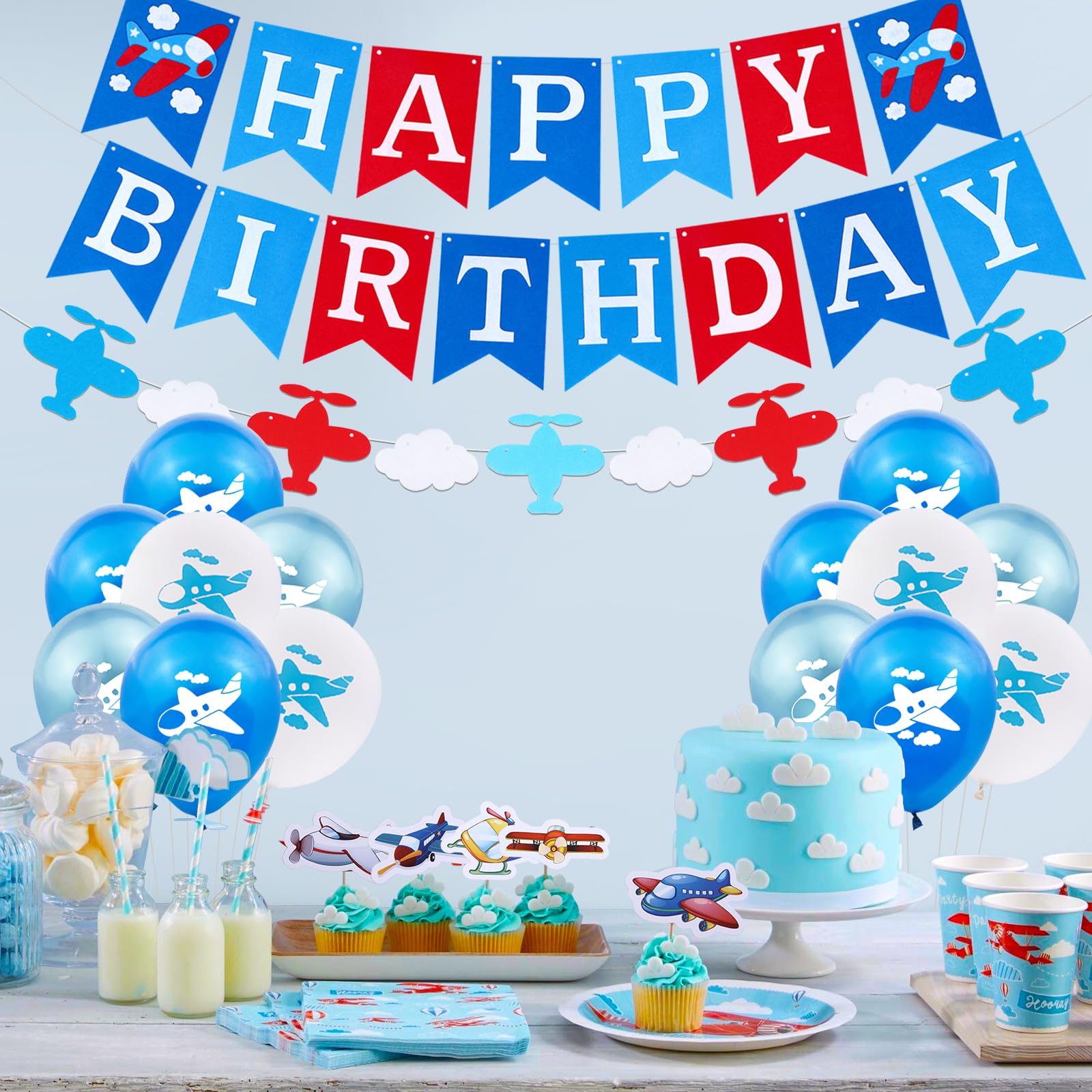 Décorations de Fête d'anniversaire de Avion,Vintage Avion Nuage Feuille Ballons,Ensemble de décoration de fête en forme d'avion pour Nuage Avion Thème Fête D'anniversaire Fournitures