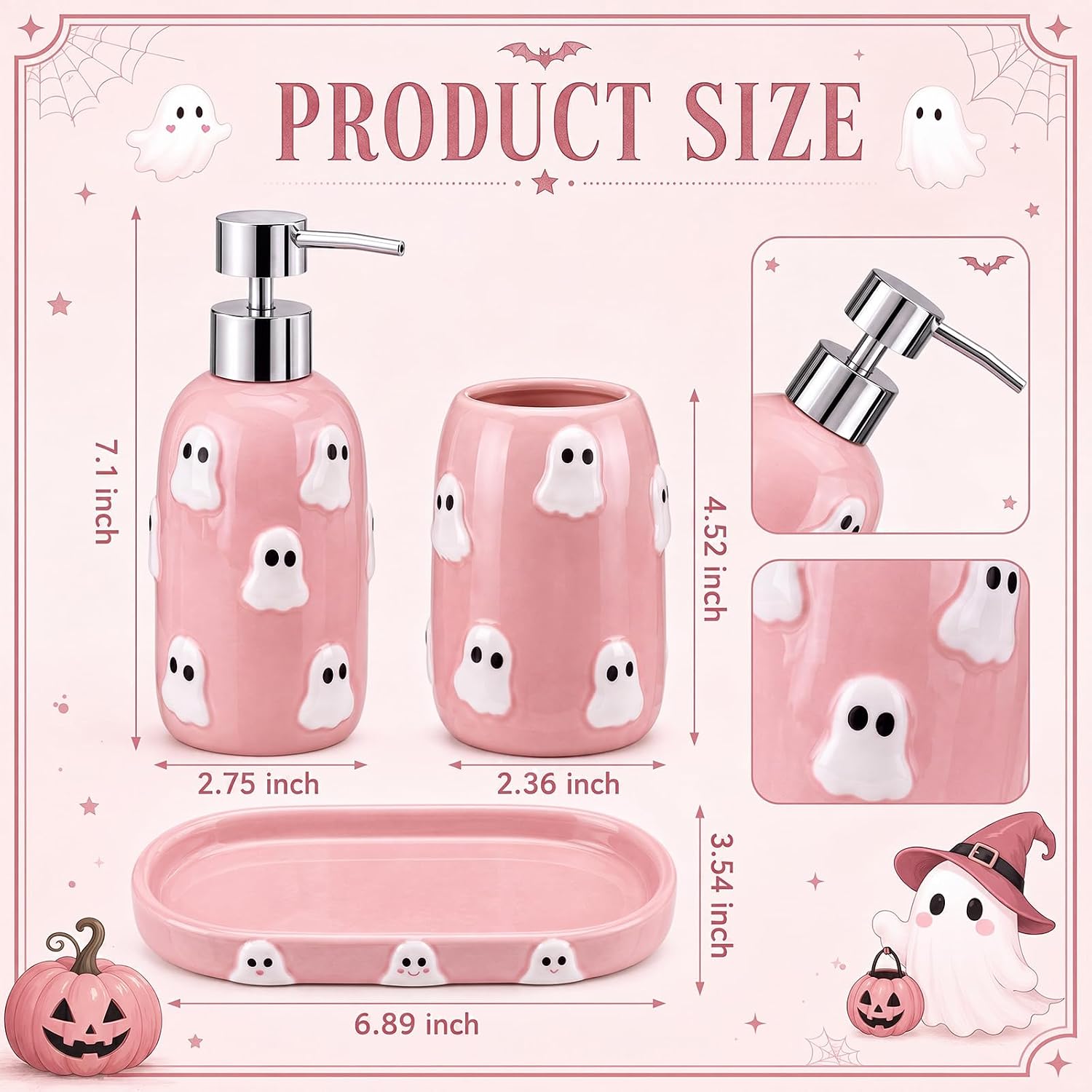 Foldtier 3 Pcs Ghost Halloween Soap Dispenser Set, Ceramic Pink Bathroom