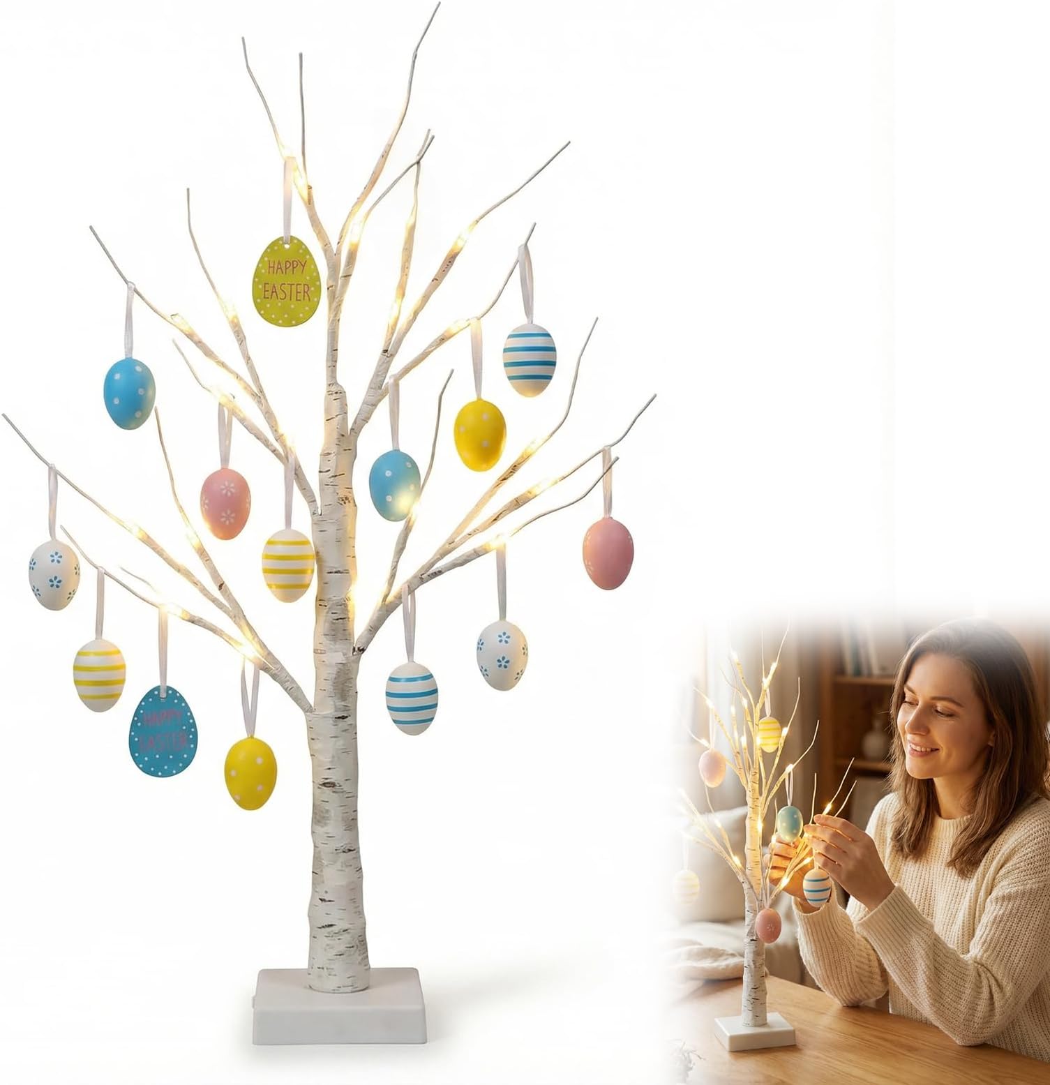 Easter Decorations – 60cm/2ft Pre-Lit Easter Tree with 24 Warm White LEDs, White Table Top Twig Tree with Timer, Battery Operated Easter Table Decorations for Party Decorations Home