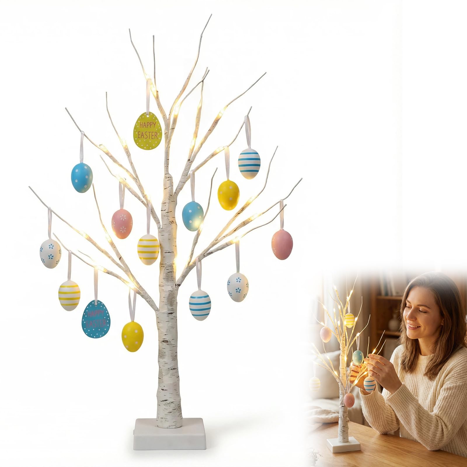 Easter Decorations – 60cm/2ft Pre-Lit Easter Tree with 24 Warm White LEDs, White Table Top Twig Tree with Timer, Battery Operated Easter Table Decorations for Party Decorations Home