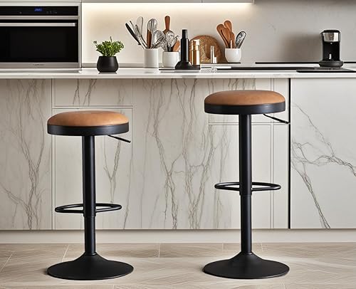 Miniatura 21 de CIMOTA Juego de 1 taburetes de bar redondos giratorios con espalda descubierta ajustable, taburete de bar moderno industrial de piel sintética para