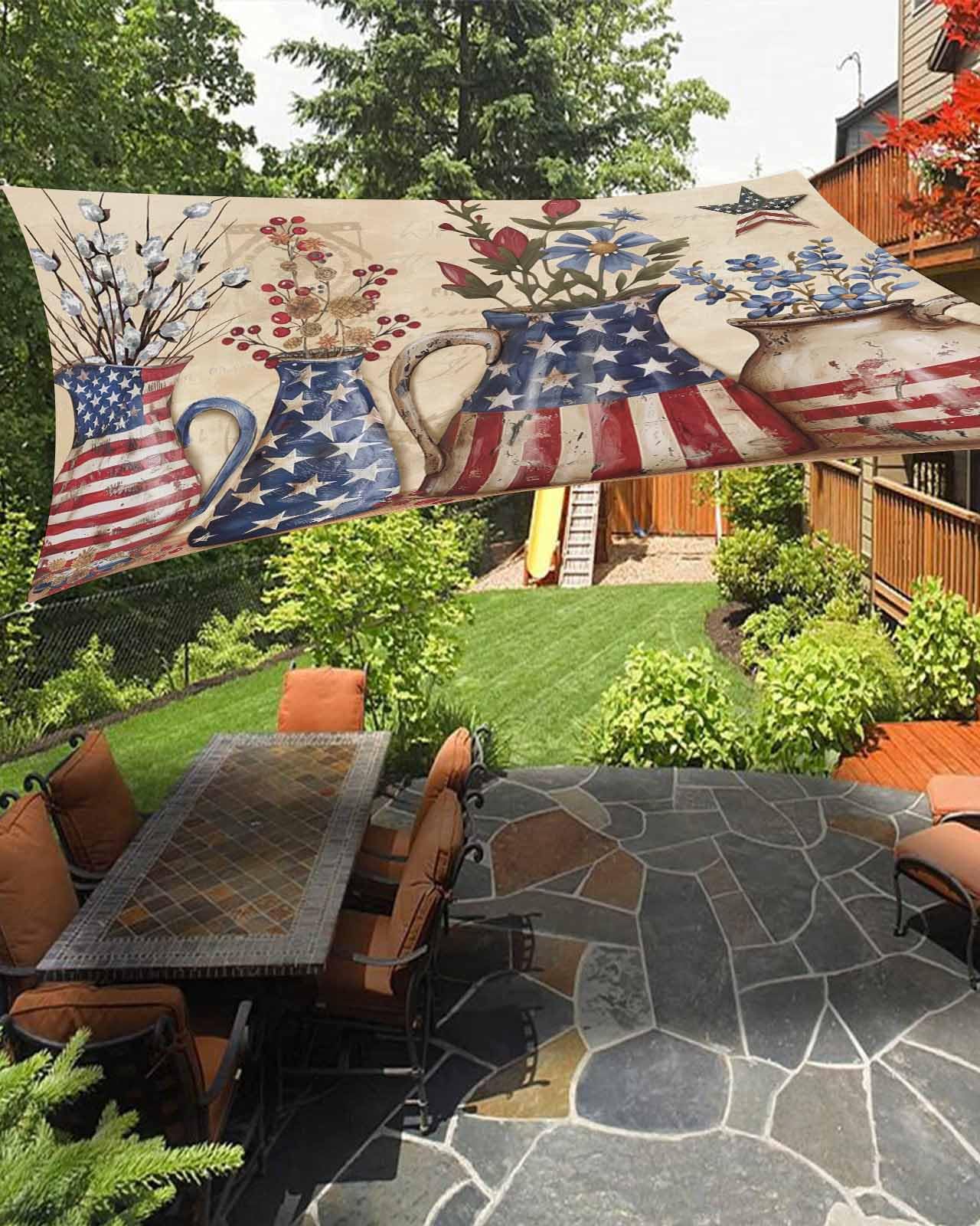 Patriotic Bottle Floral Sun Sail Shades Rectangle Canopy,Sunlight Block Heavy Duty Curved Backyard Shade Cover,Waterproof Sun Shades for Patios Garden Outdoor,12'x16' Vintage Country American Flag
