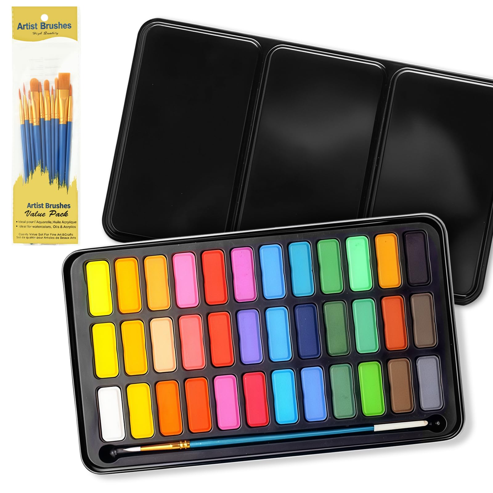 flintronic 36 Watercolour Paint Set, Portable Box Including, Watercolor Brushes 36 Blocks for Artists and Hobbyists, Black Metal Lid