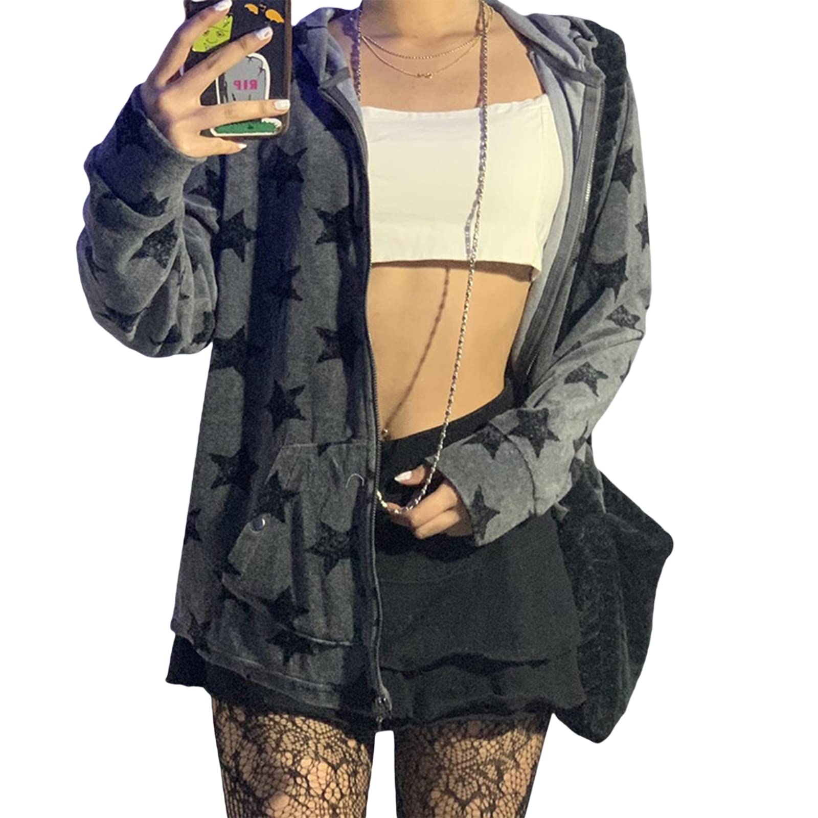 Sexy Outfit Damen Y2k Grunge Star Zip-Up Hoodie Gemütliche Loose Fit Harajuku Streetwear Sweatshirt mit Tasche für Herbst Winter