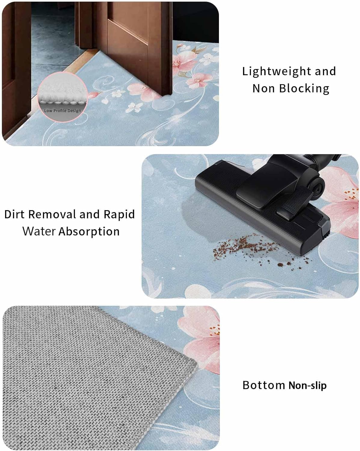 Welcome Mats for Front Door, White Pink Flower Rugs Non Slip Absorbent Indoor Doormat, Watercolor Floral on Blue Entrance Rug Washable Floor Mats for Entryway,18x30in