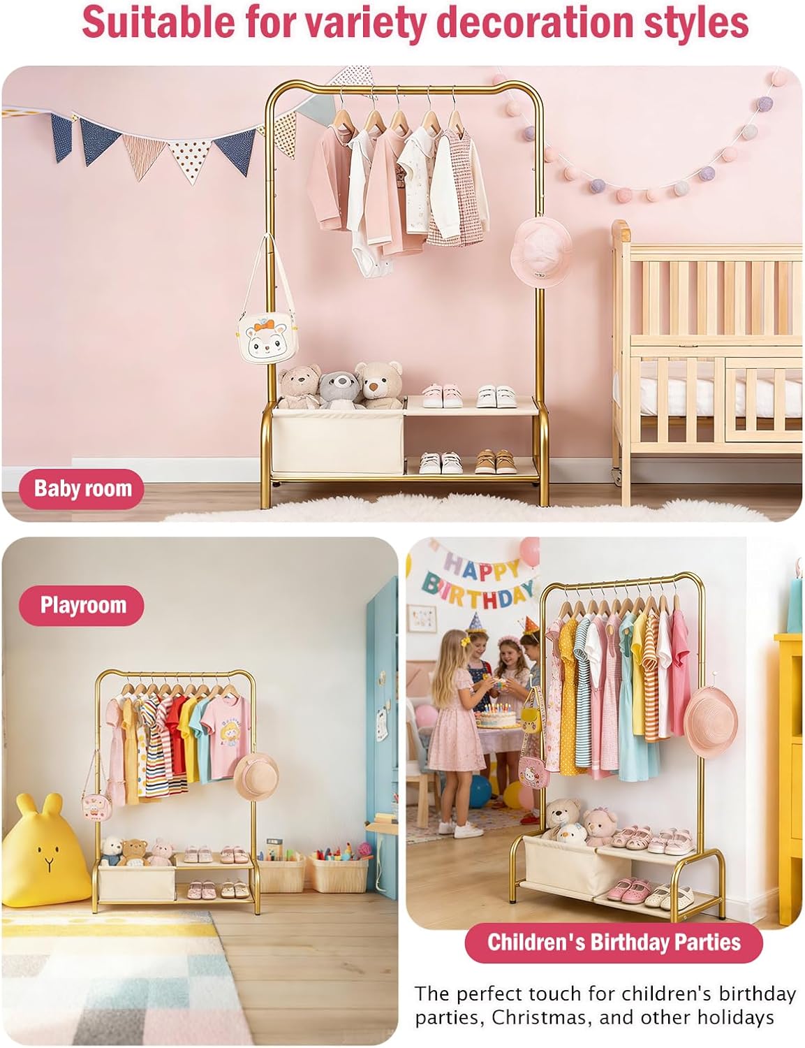 Kids Clothing Rack-Portable Kids Clothing Rack with Storage Shelf - Toddler Garment Organizer for Baby Clothes, Dance Costumes, Girls Gift Ideas(gold)
