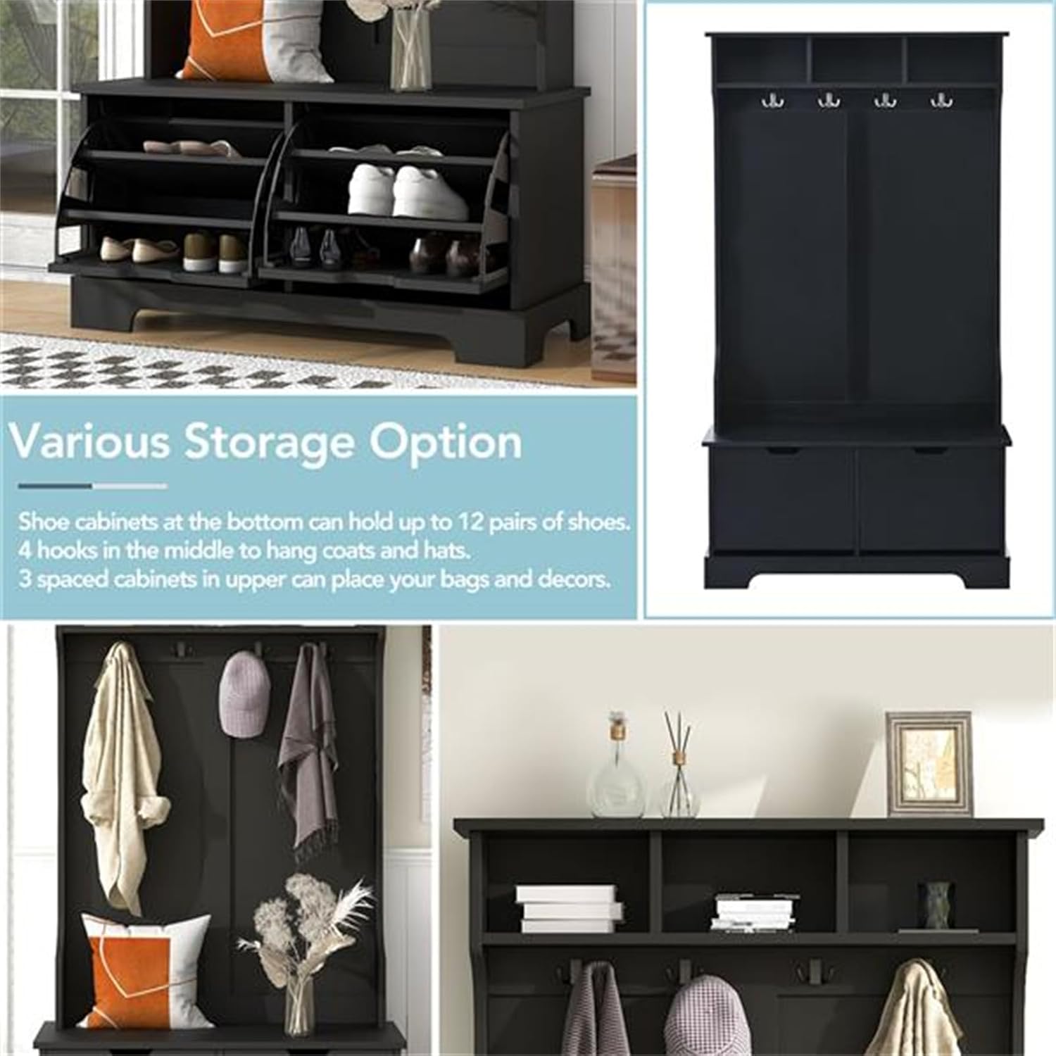 All-in-One Wooden Hallway Organizer, Entryway Coat Rack Hallway Tree with 3 Top Shelves and Reversible Shoe Cabinet Drawer with Storage Bench and Metal Hooks, Black