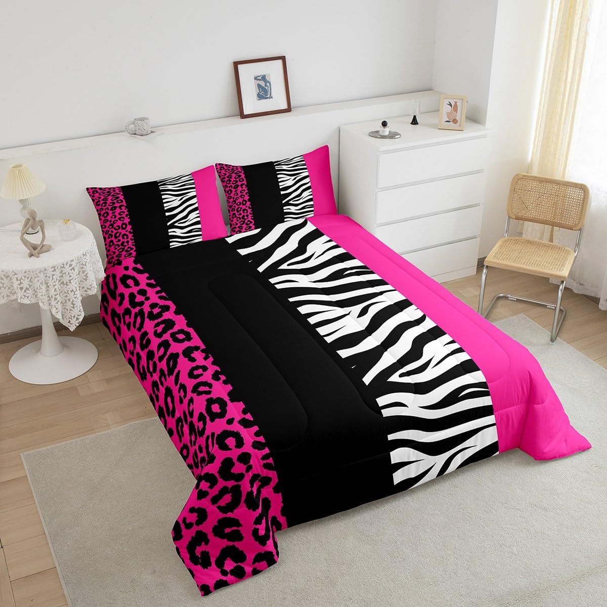 Feelyou Hot Pink Black Bedding Set Full Size Leopard Comforter Set for Kids Teens Adults Cheetah Duvet Quilt Animal Safari Zebra Toddler Room Decor 3Pcs with 2 Pillow Case All Season Soft