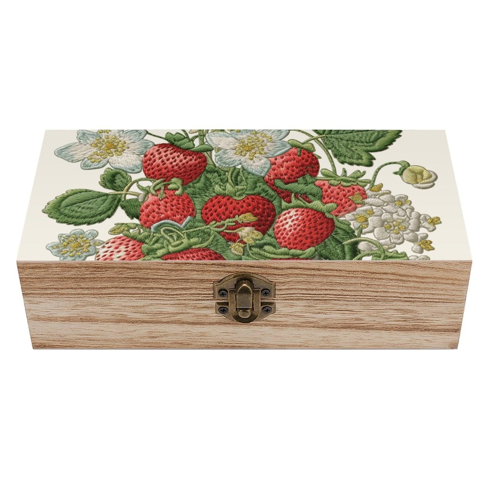 JTREHY Wooden Storage Box Container,Strawberry Embroideryprinted Desk Storage Box Room Decoration Box Souvenir Storage Box for Jewelry Gift Storage And Home Decoration